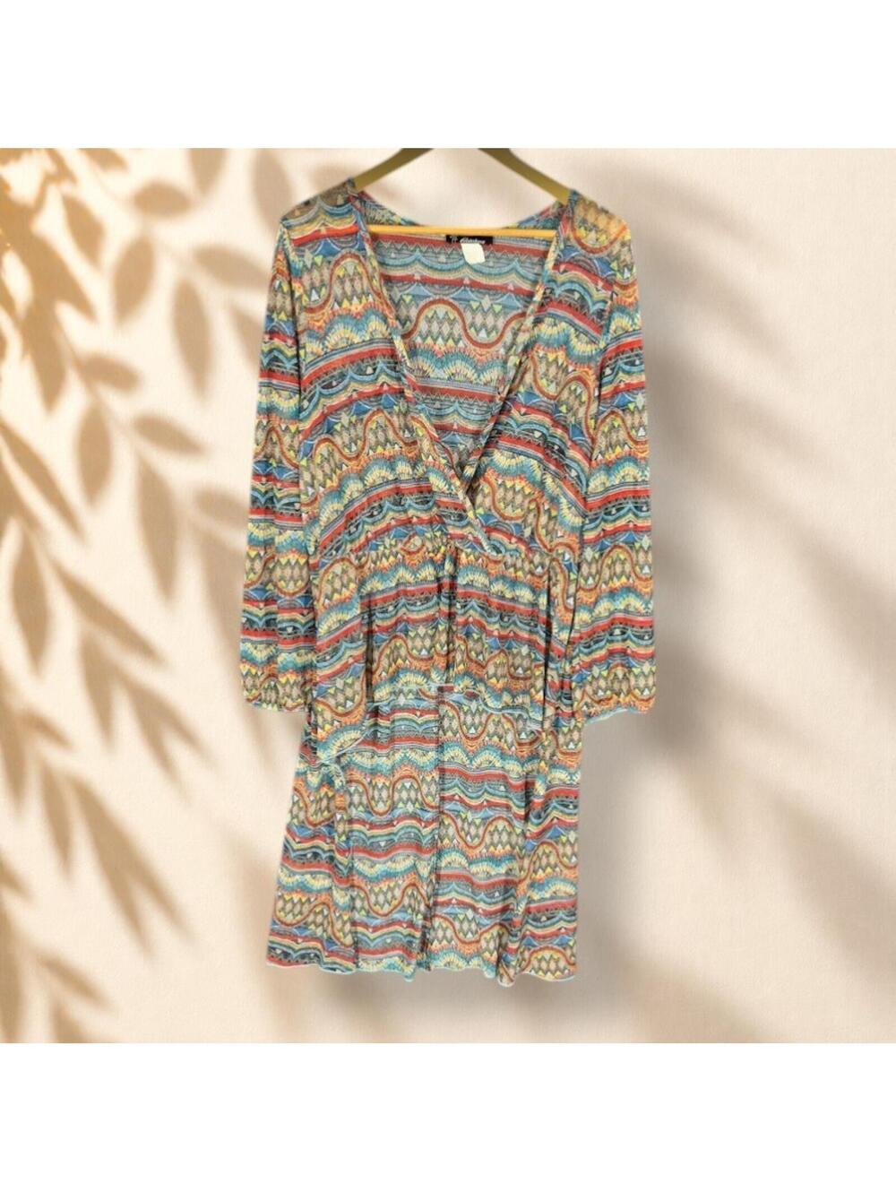 Rainbow Dress Women 1X Plus Blue Striped Sheath Short V-Neck Long Sleeve Boho